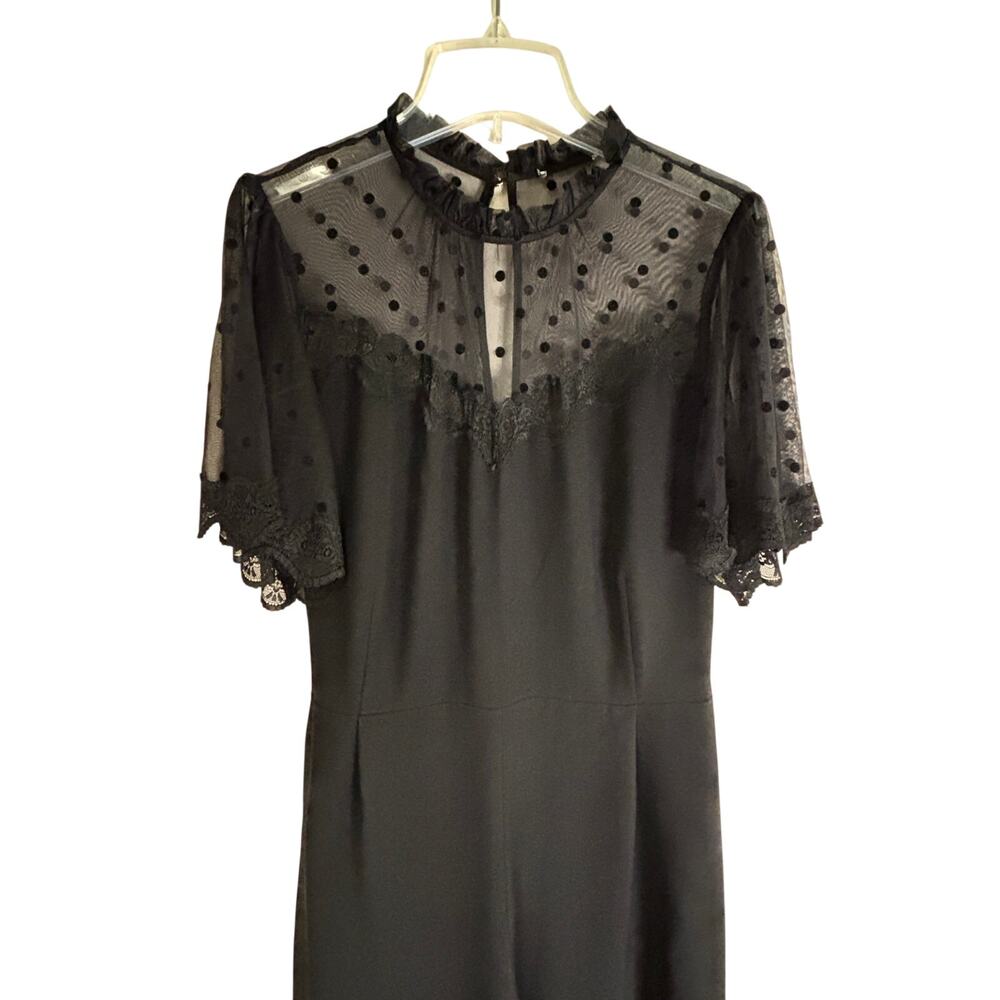 Black Evening Jumpsuit Sheer Polka Dot Yoke Flutter Sleeves Womens M